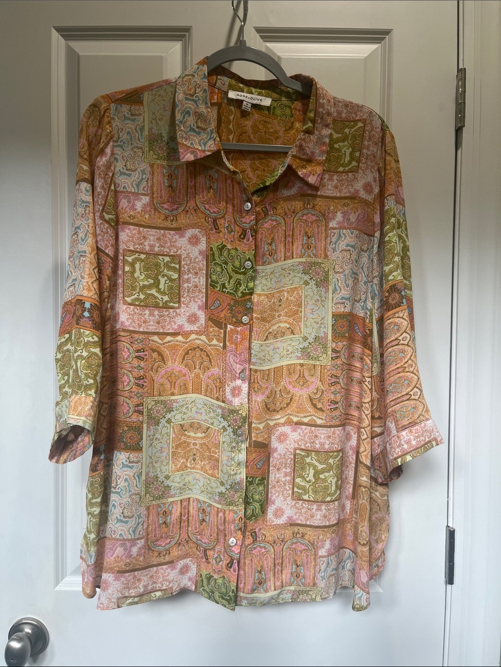 Rose & Olive Patchwork Paisley Button-Up Blouse in Pink, Green, Tan